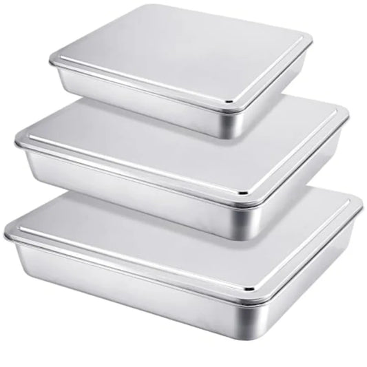 Three-Piece Stainless Steel Cake Pan Set With Lids Rectangle Bakeware