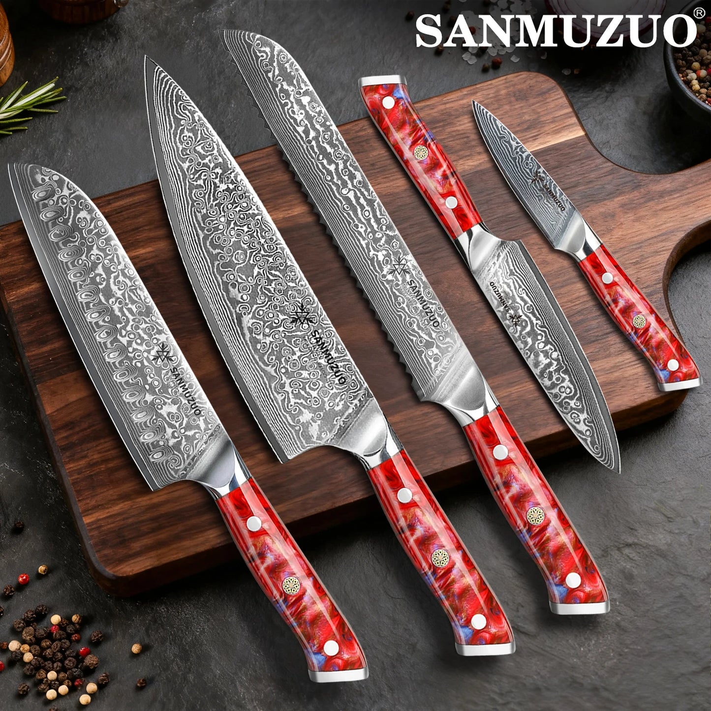 Damascus Steel Kitchen Knife Set With Resin Handles Chef Santoku Bread Paring