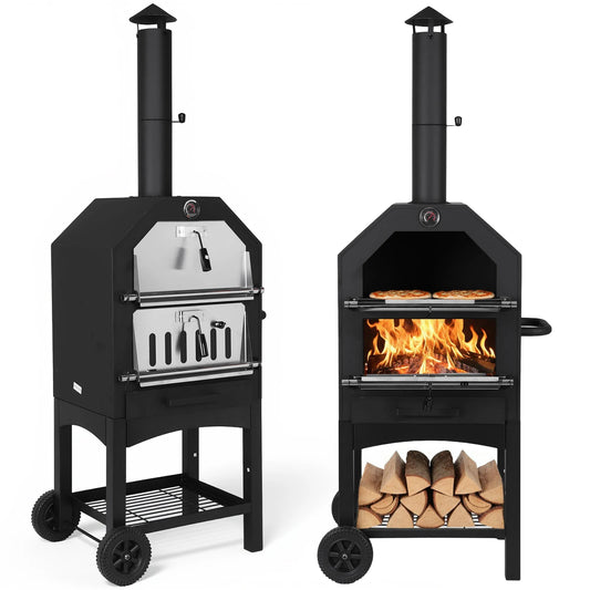 Two-Tier Portable Outdoor Pizza Oven With Chimney And Wheels