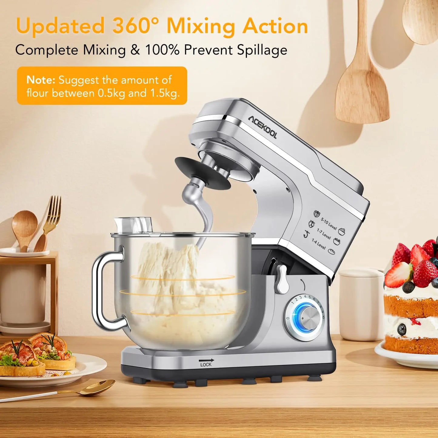 Electric Dough Mixer 660W 10-Speed Tilt-Head With Stainless Steel Bowl