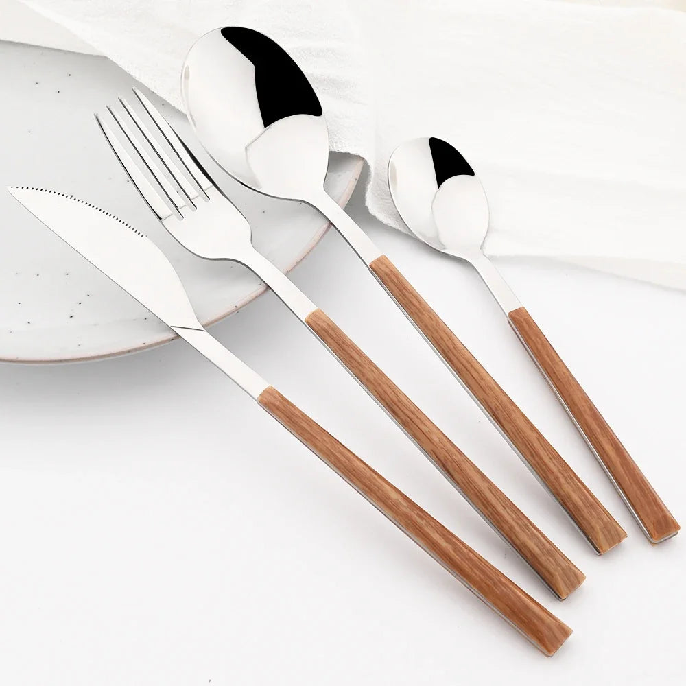 Stainless Steel Cutlery Set With Imitation Wooden Handles