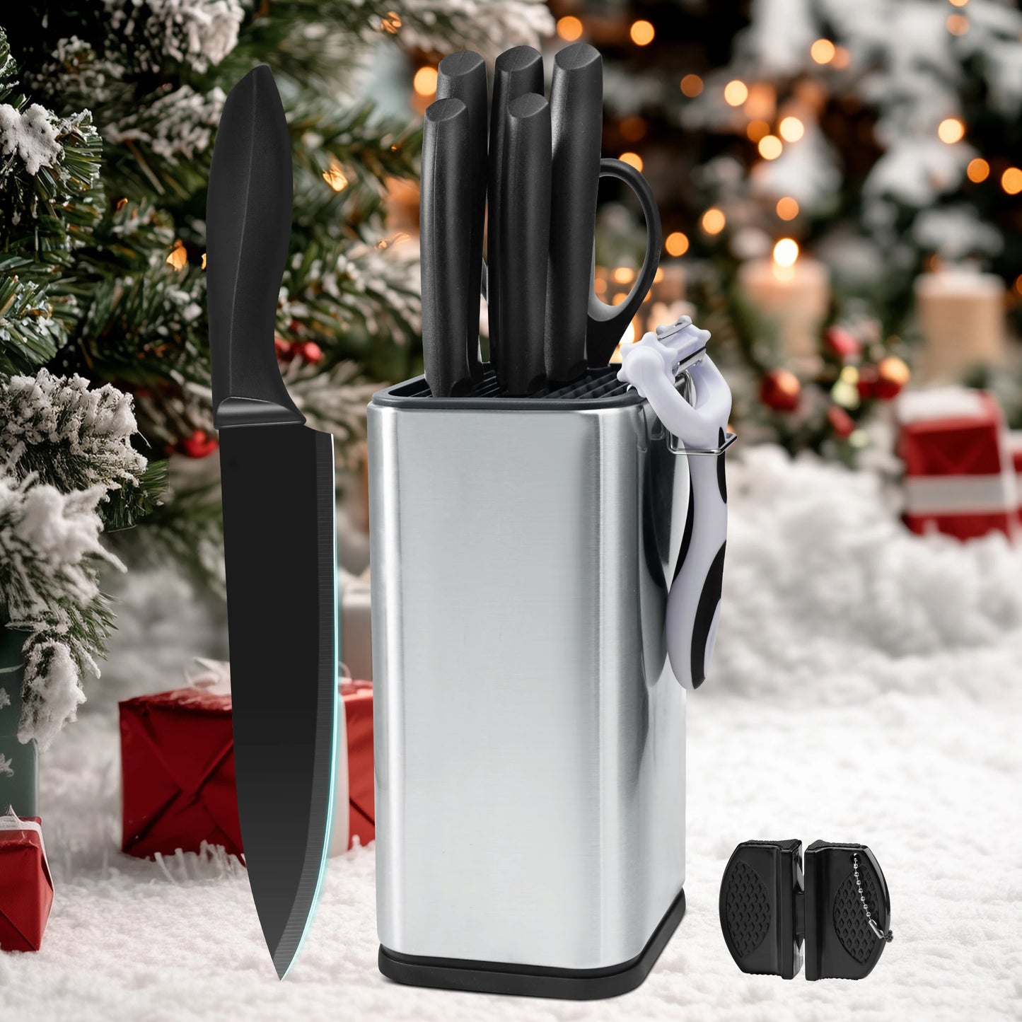 10Pcs Black Coated Kitchen Knife Set with Stainless Steel Universal Knife Block, Sharp Chef Bread Paring Knives + Peeler Scissors Mini Sharpener, Multi-purpose Household Cooking Cutlery Gift Set