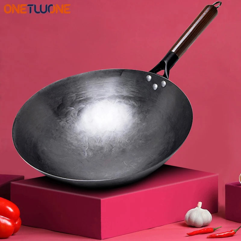 Hand Forged Iron Wok With Wooden Handle For Gas Stove