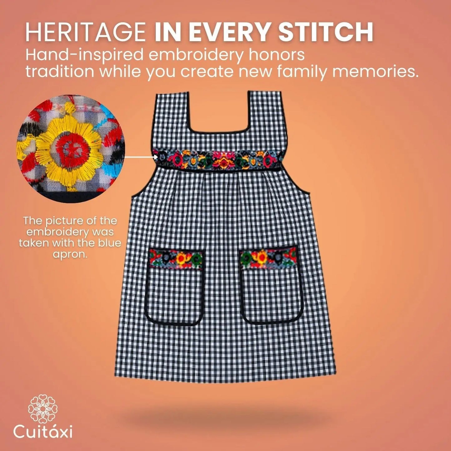 Mexican Apron for Women with Deep Pockets & Embroidered Flowers - Mandil de Cocina
