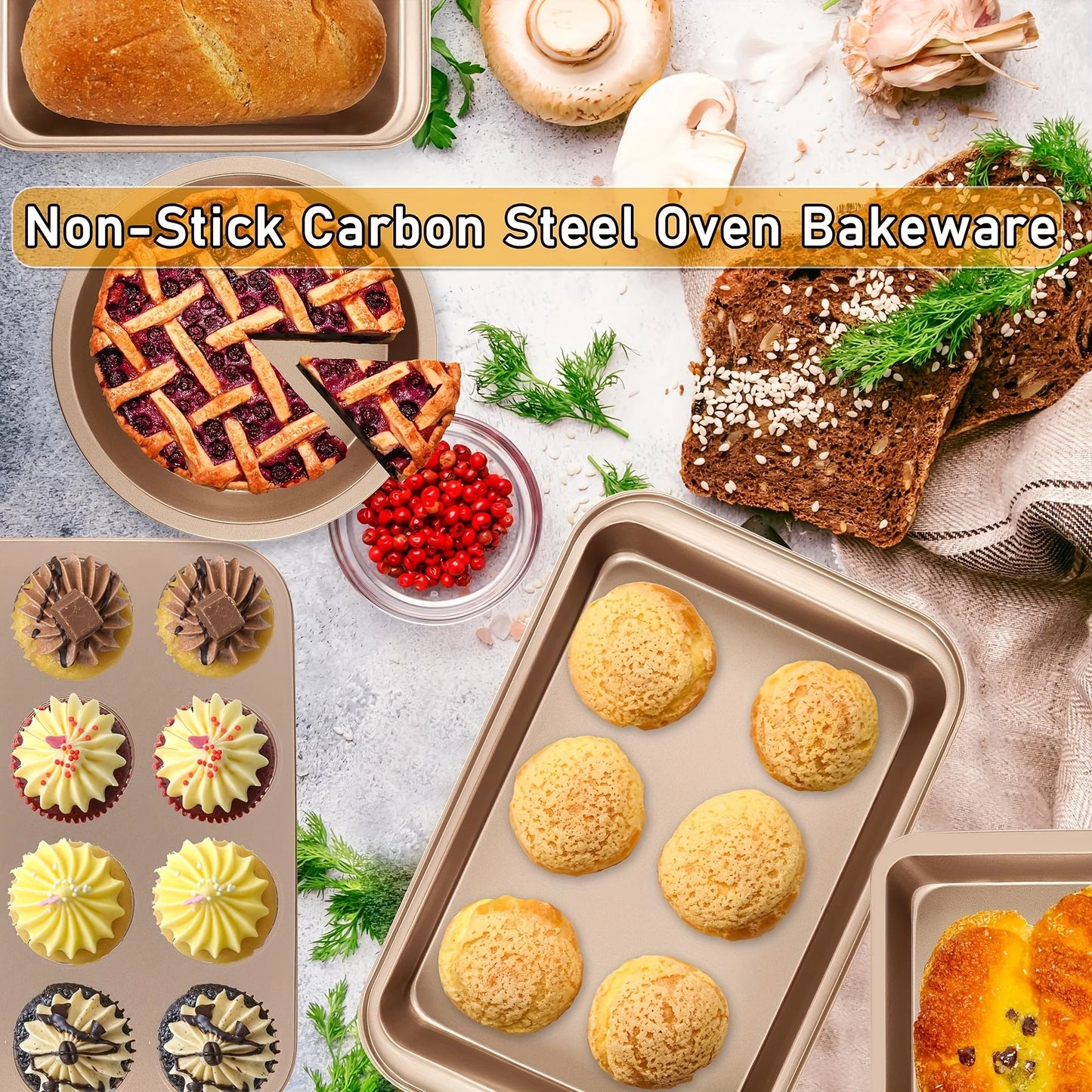 Nonstick Bakeware Set With Round And Square Pans Waffle Tray Cookie Sheet