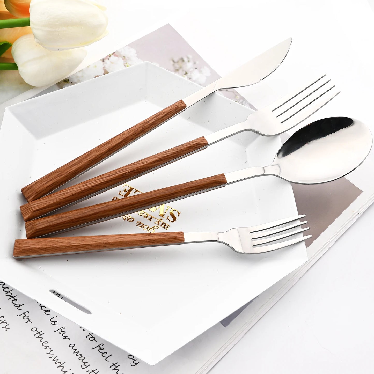 Stainless Steel Cutlery Set With Imitation Wooden Handles