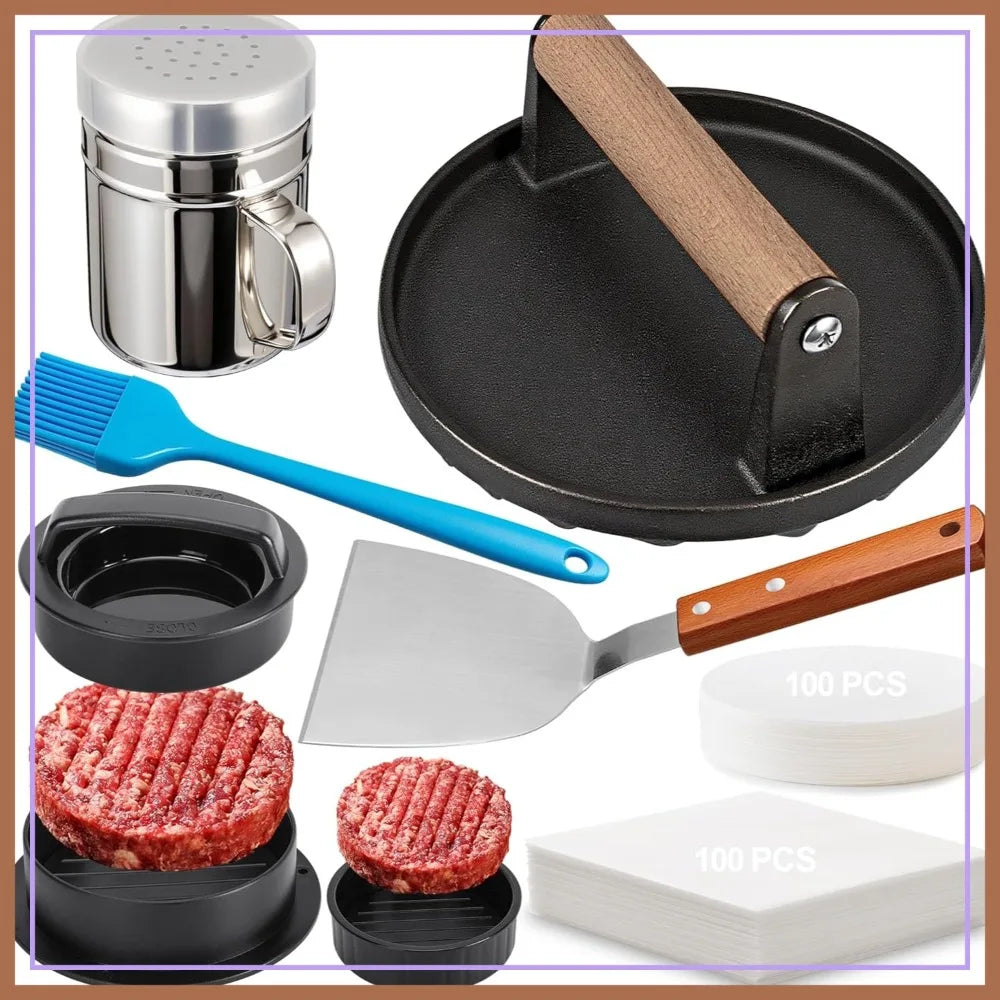 Cast Iron Smash Burger Press Kit With Spatula And Accessories