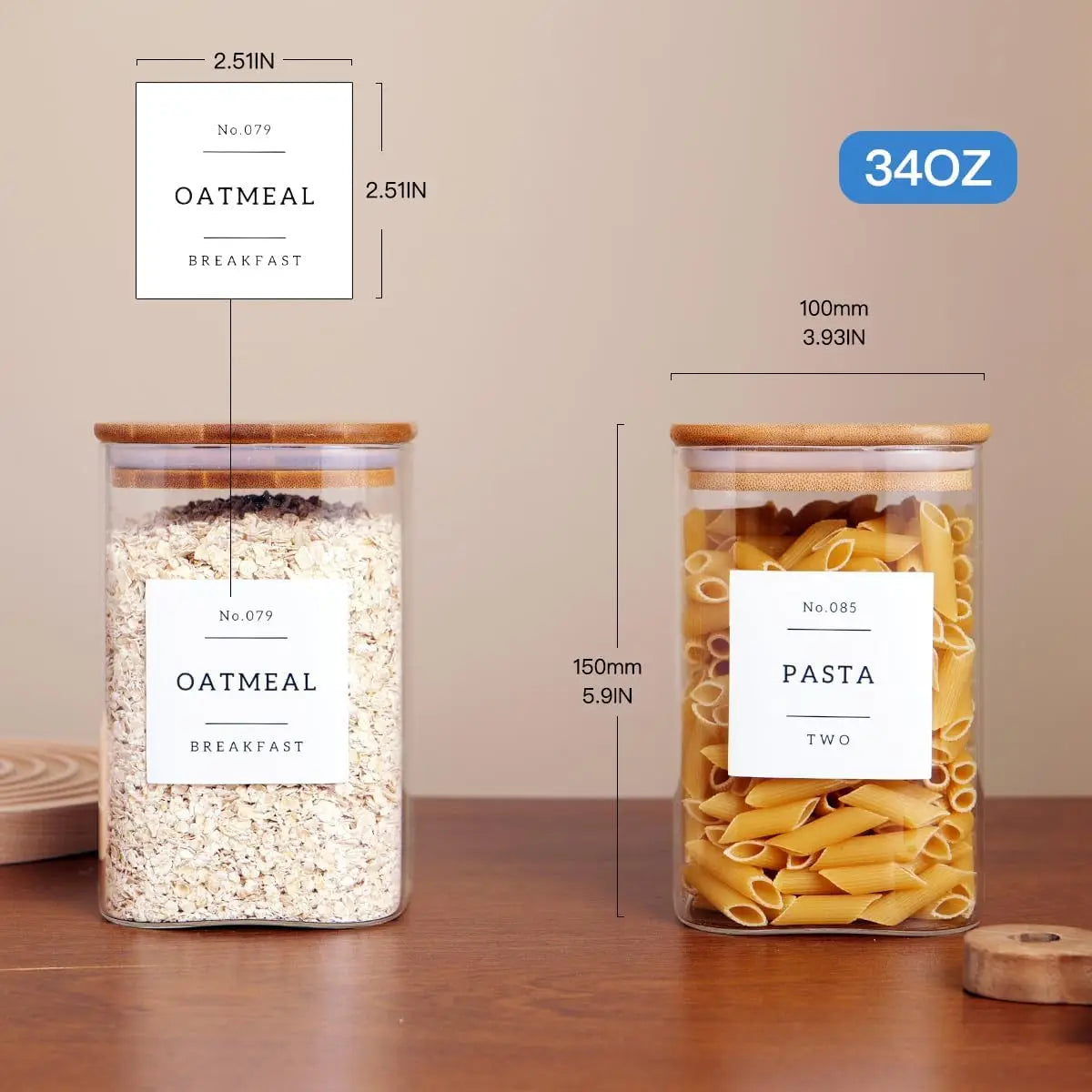 Square Glass Canisters Set With Airtight Lids And Pantry Labels