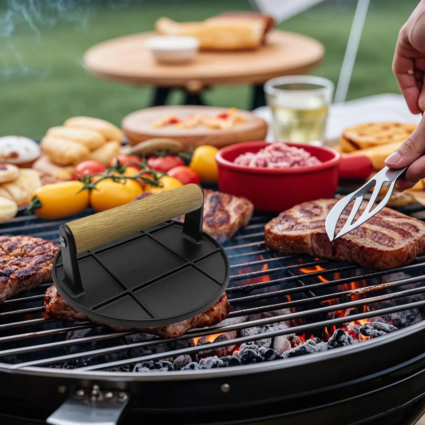 MoMoxi Smashed Burger Press With Wood Handle For Nonstick Pan