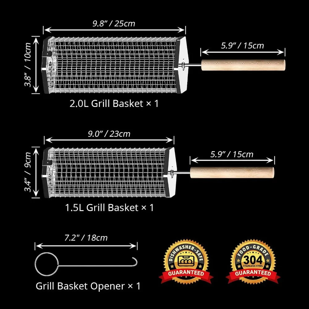 Rolling Grill Basket With Removable Wood Handle For Outdoor Cooking
