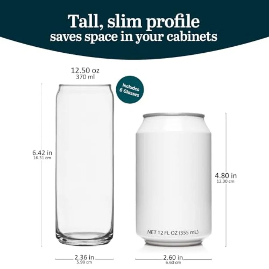 Beer Can Glasses, 12.5 oz Tall Drinking Glasses Set of 6, Space-Saving, and Versatile Thin Glassware for Cocktails, and Mocktai