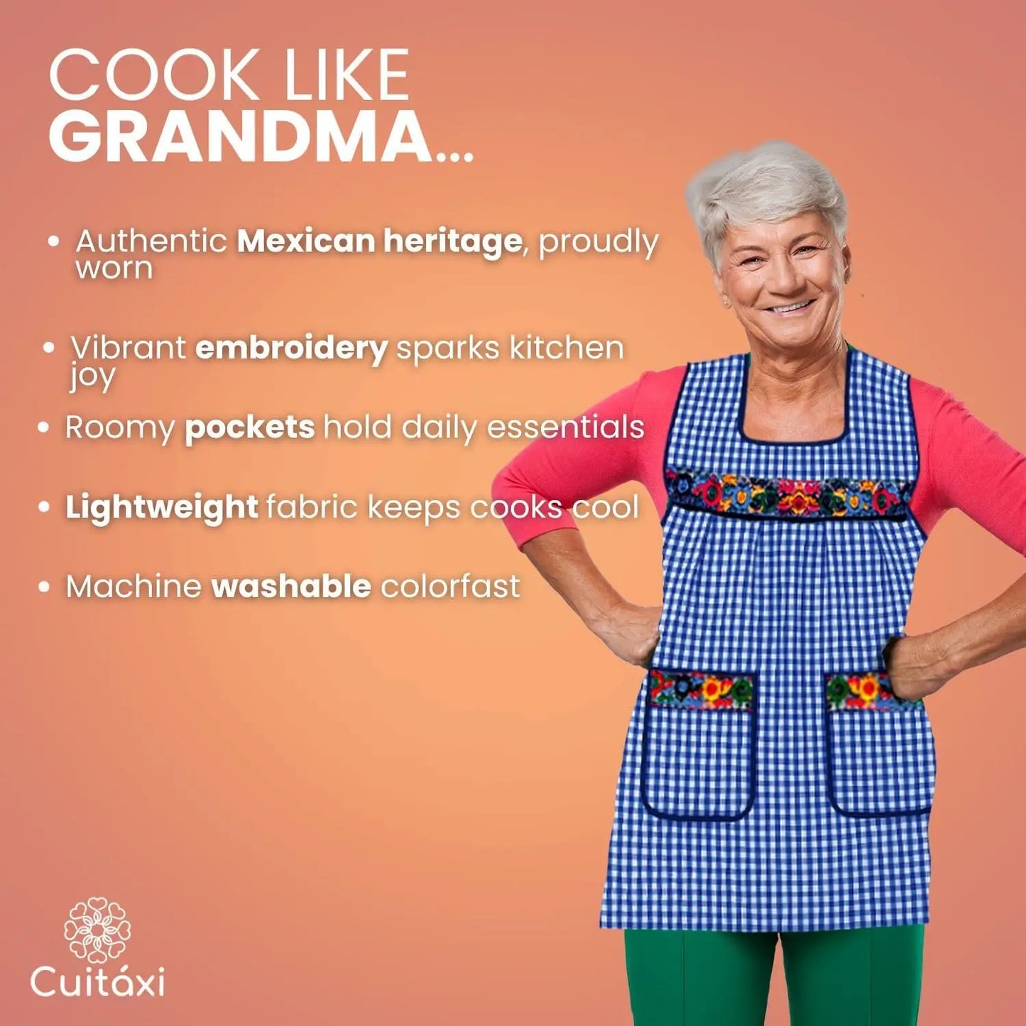 Mexican Apron for Women with Deep Pockets & Embroidered Flowers - Mandil de Cocina