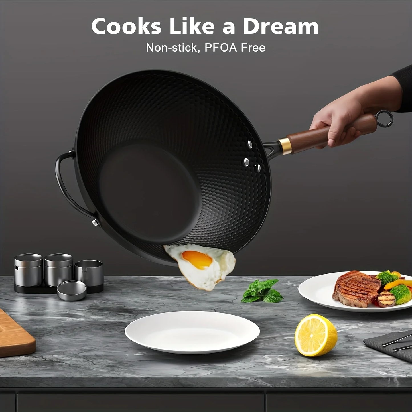 1 Set Cast Iron Wok with Lid- 13.35-Inch Nonstick Frying Pan, Flat Bottom Carbon Steel Cookware Induction Nonstick Wok, Woks & Stir-Fry Pans for Induction, Electric, Gas, Halogen, All Stoves