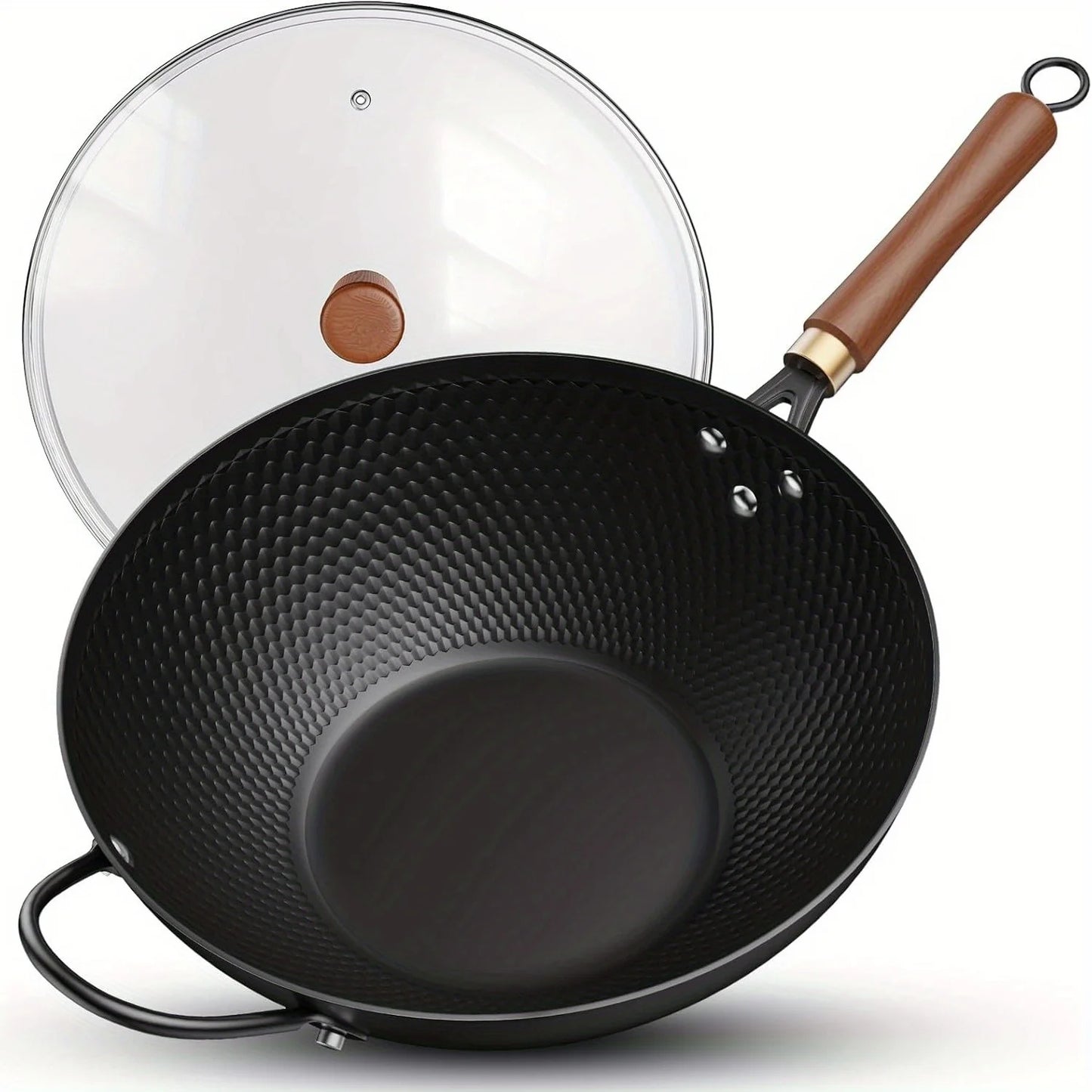1 Set Cast Iron Wok with Lid- 13.35-Inch Nonstick Frying Pan, Flat Bottom Carbon Steel Cookware Induction Nonstick Wok, Woks & Stir-Fry Pans for Induction, Electric, Gas, Halogen, All Stoves