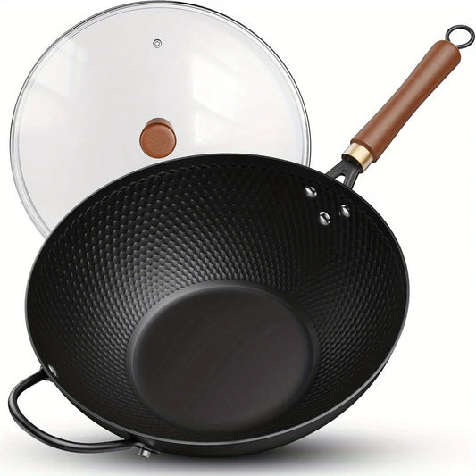 1 Set Cast Iron Wok with Lid- 13.35-Inch Nonstick Frying Pan, Flat Bottom Carbon Steel Cookware Induction Nonstick Wok, Woks & Stir-Fry Pans for Induction, Electric, Gas, Halogen, All Stoves