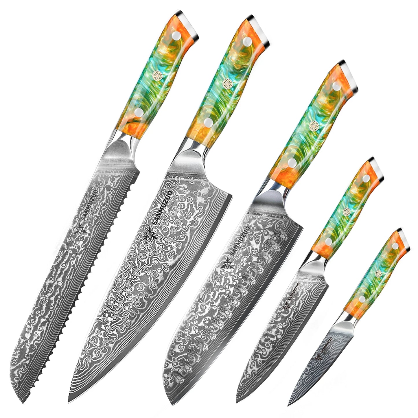 Damascus Steel Kitchen Knife Set With Resin Handles Chef Santoku Bread Paring