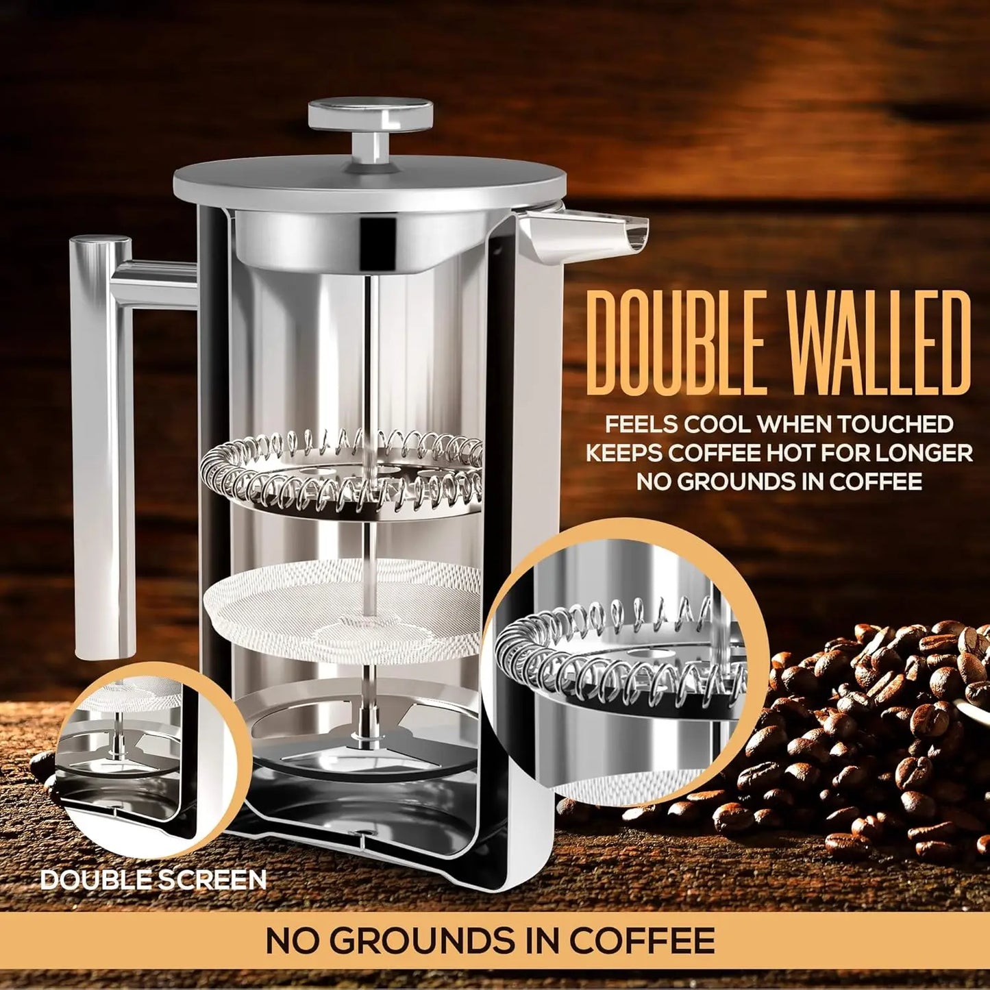 Stainless Steel French Press Coffee Maker With Double Wall Insulation