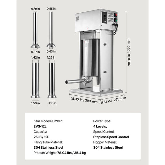 VEVOR Electric Sausage Stuffer Stepless Speed Control Four Tubes