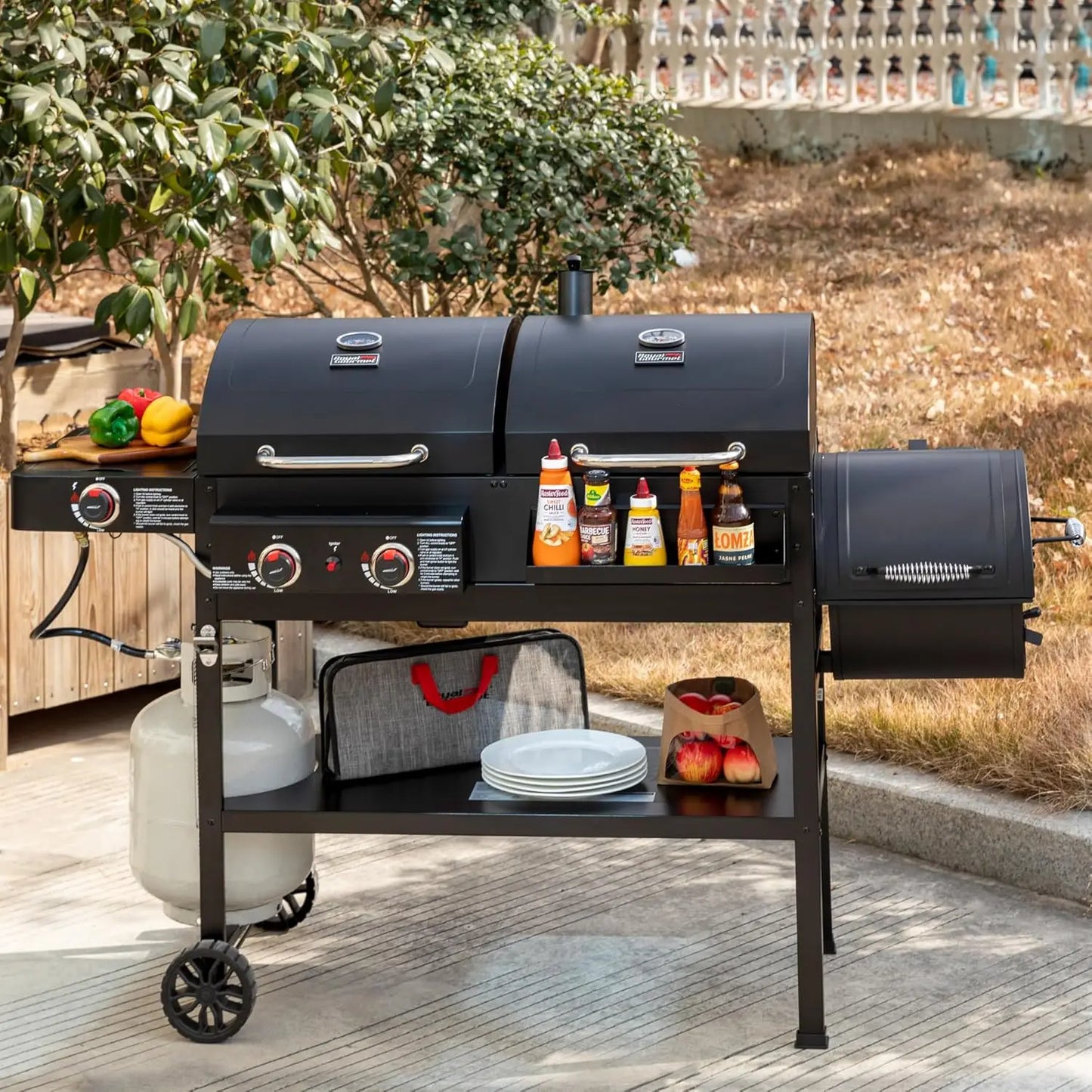 2 Burner Gas And Charcoal Combo Grill With Offset Smoker