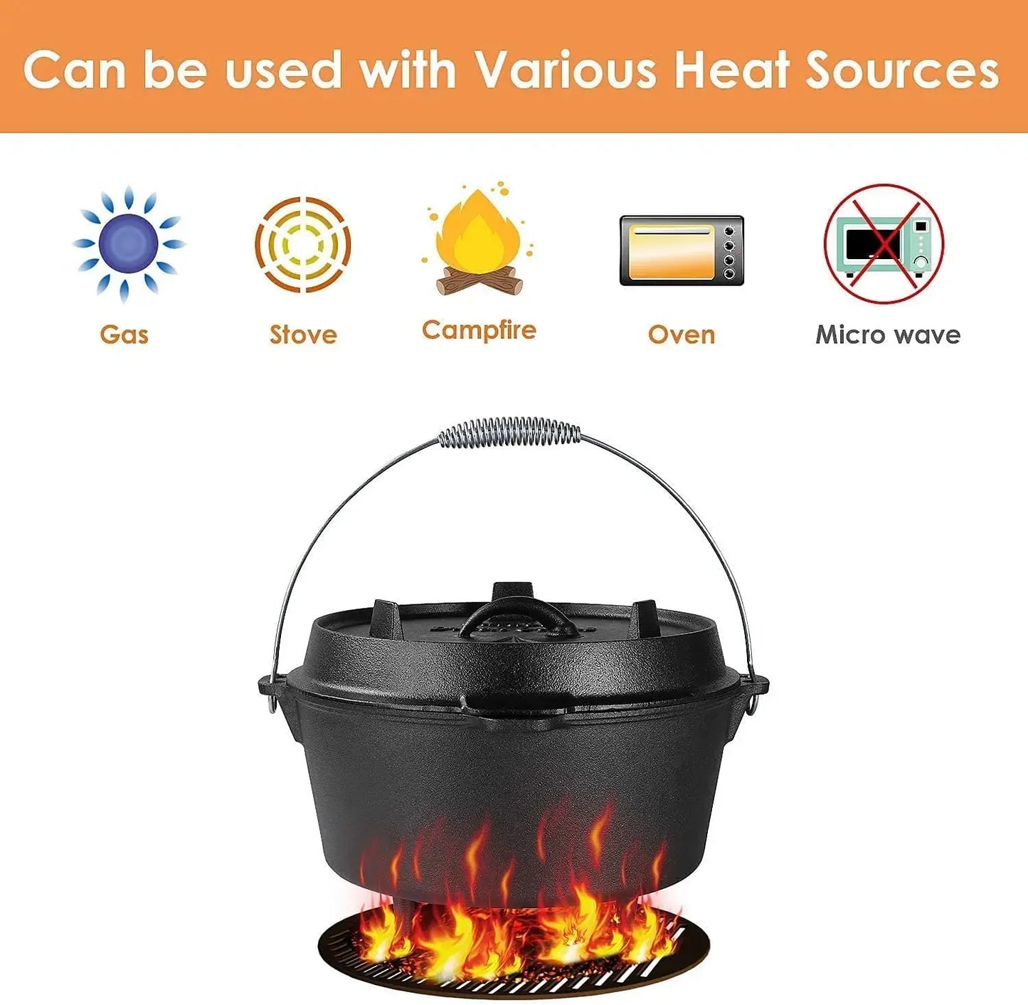 Cast Iron Dutch Oven Camping Pot Outdoor Portable Multifunction Cookware