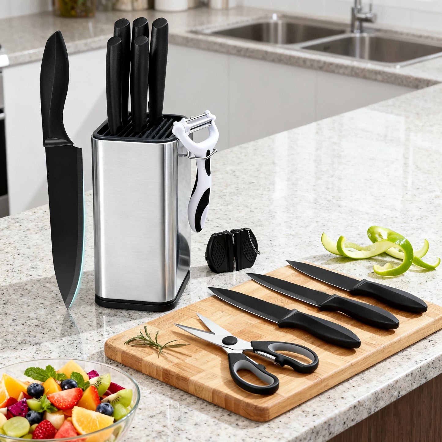 10Pcs Black Coated Kitchen Knife Set with Stainless Steel Universal Knife Block, Sharp Chef Bread Paring Knives + Peeler Scissors Mini Sharpener, Multi-purpose Household Cooking Cutlery Gift Set