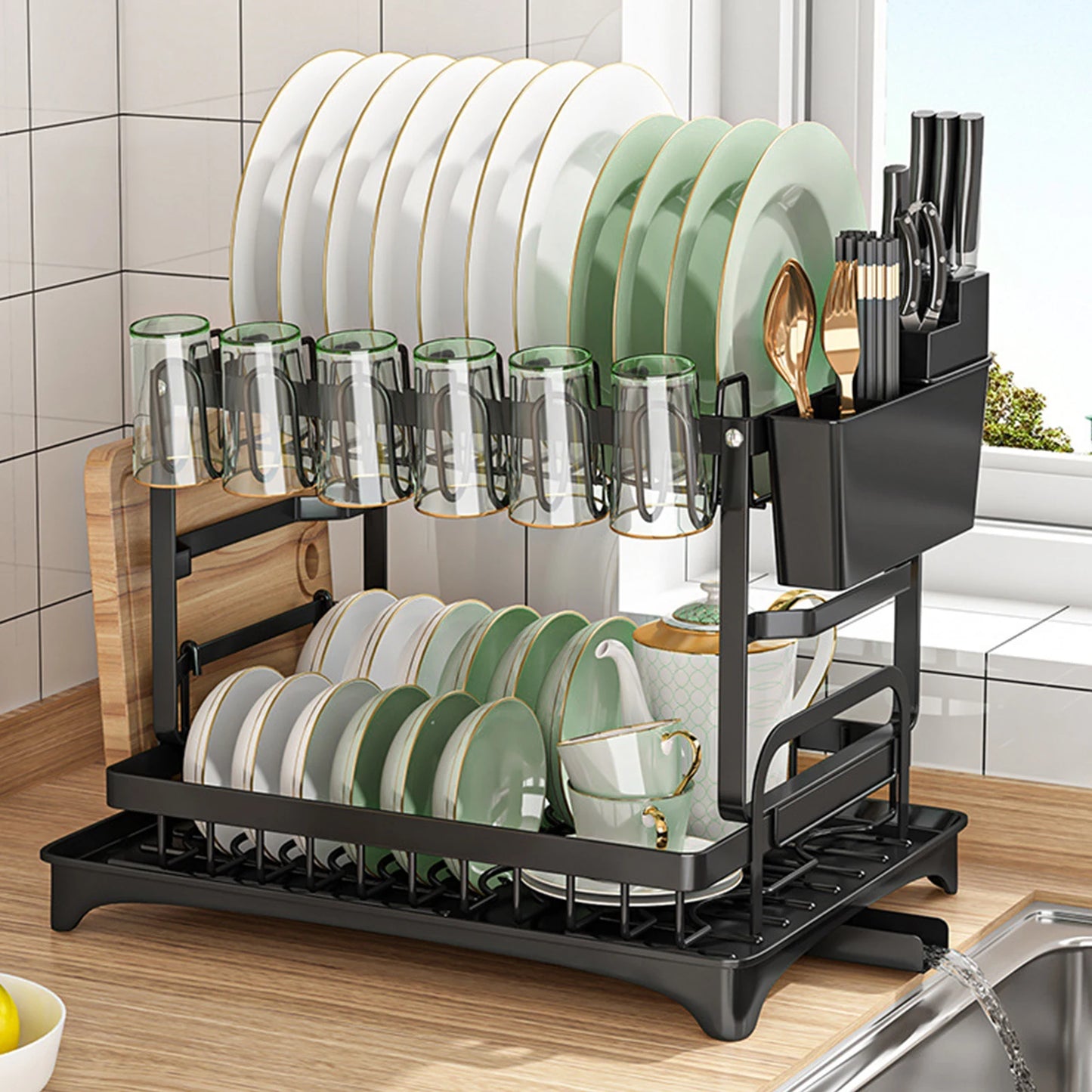 Sturdy Stainless Steel Two-Tier Dish Rack With Drainer