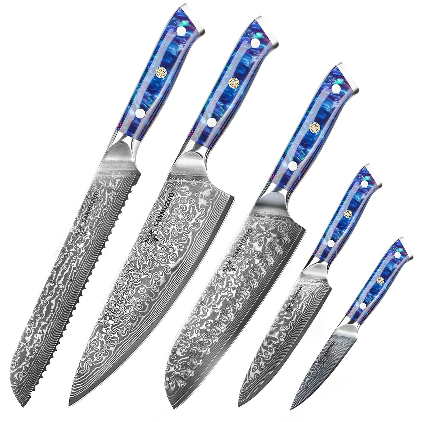 Damascus Steel Kitchen Knife Set With Resin Handles Chef Santoku Bread Paring