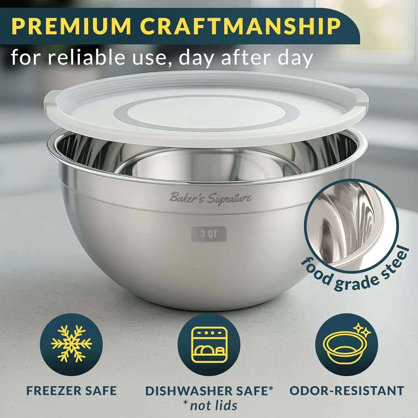 Stainless Steel Mixing Bowls Set 3 With Durable Lids