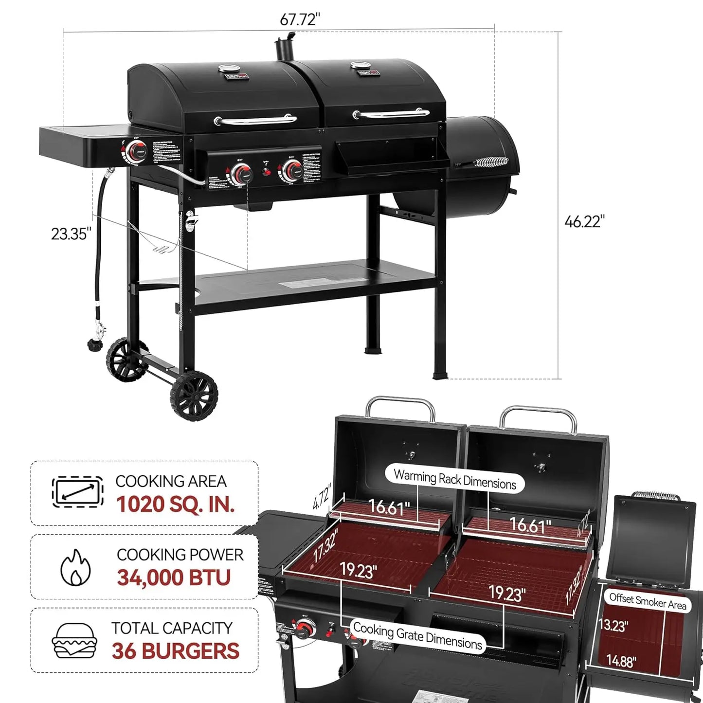 2 Burner Gas And Charcoal Combo Grill With Offset Smoker