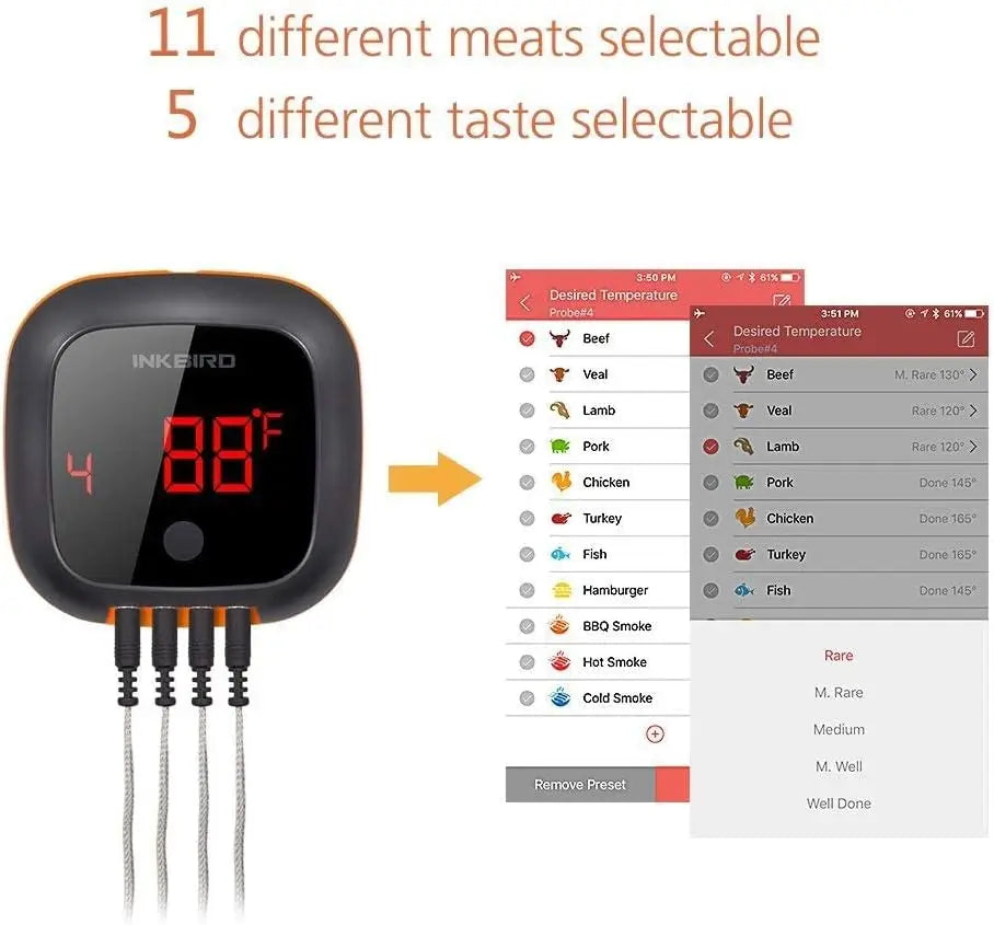 Wireless Bluetooth Meat Thermometer with 4 Probes, 150ft Range, BBQ Grill Smoker Oven Cooking