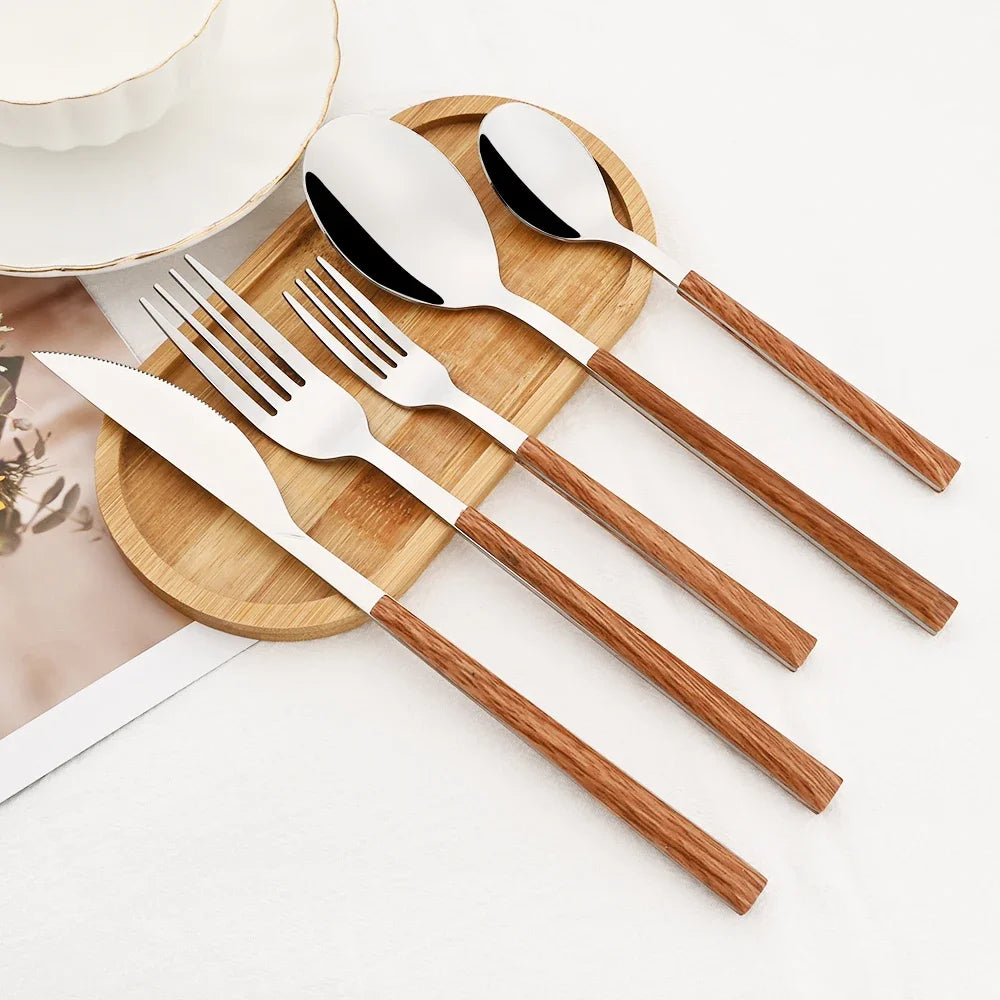Stainless Steel Cutlery Set With Imitation Wooden Handles