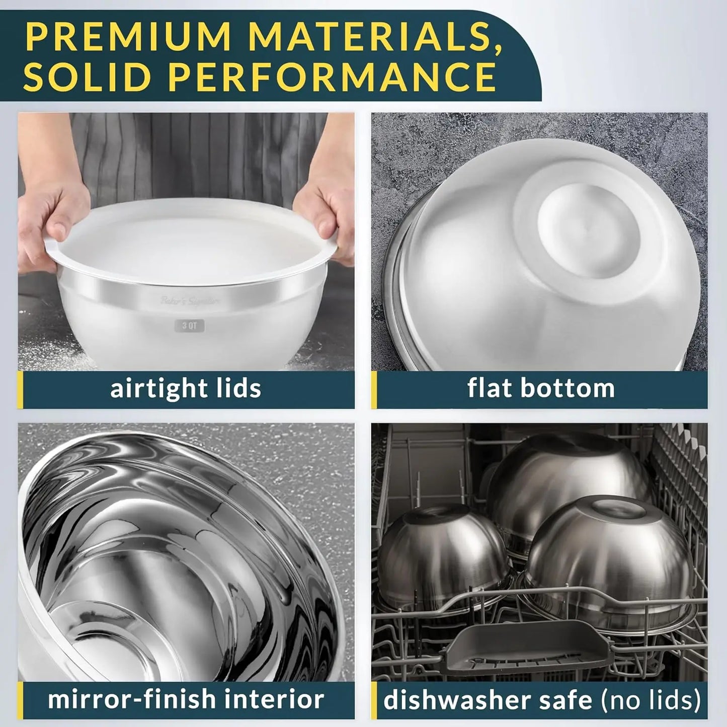 Stainless Steel Mixing Bowls Set 3 With Durable Lids
