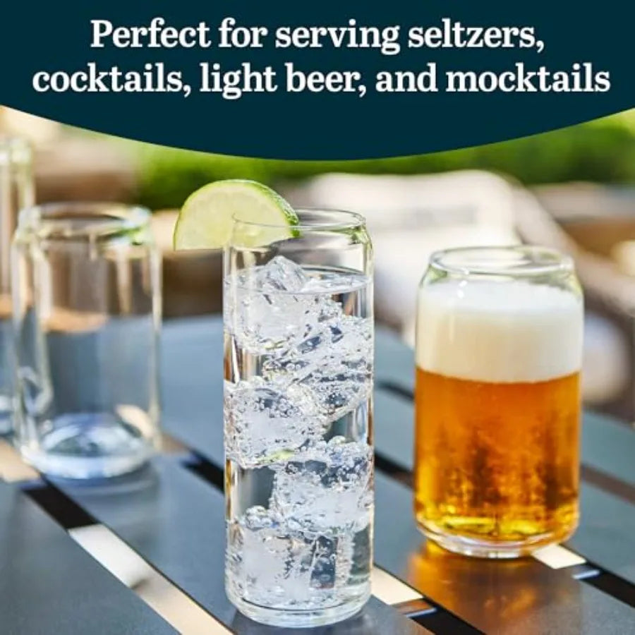 Beer Can Glasses, 12.5 oz Tall Drinking Glasses Set of 6, Space-Saving, and Versatile Thin Glassware for Cocktails, and Mocktai