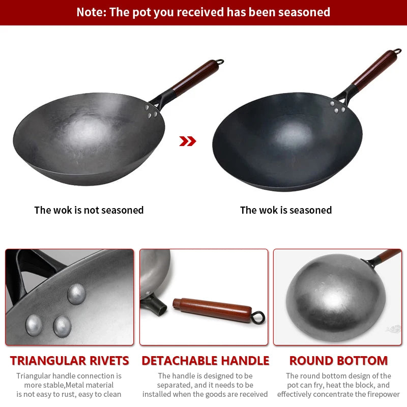 Hand Forged Iron Wok With Wooden Handle For Gas Stove