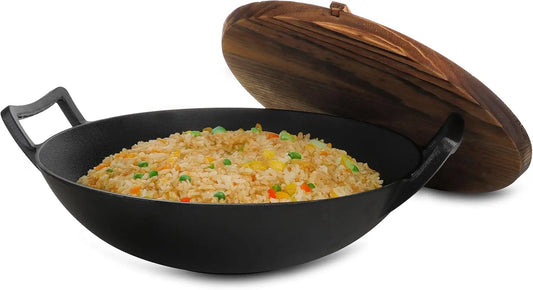 14 Inch Pre-Seasoned Cast Iron Wok with Lid for Stovetop Oven BBQ Campfire Cooking