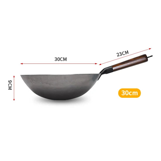 Hand Forged Iron Wok With Wooden Handle For Gas Stove