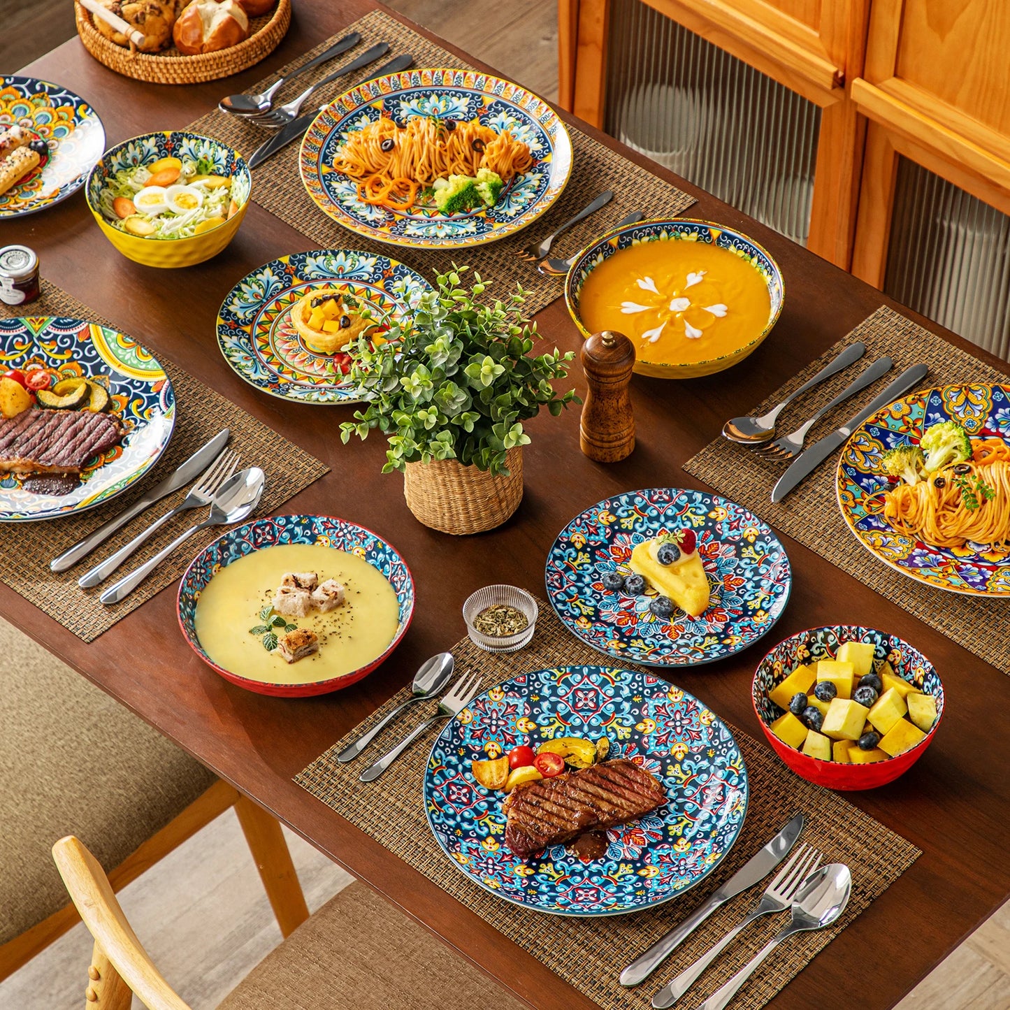 MALACASA 24 Piece Ceramic Dinnerware Set Bohemian Style