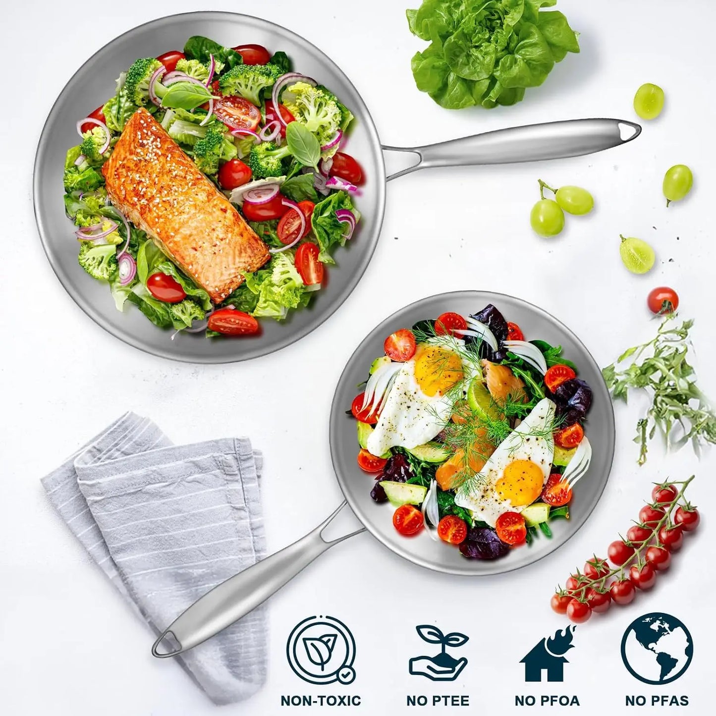 Tri Ply Stainless Frying Pan Set With Lids Induction Ready