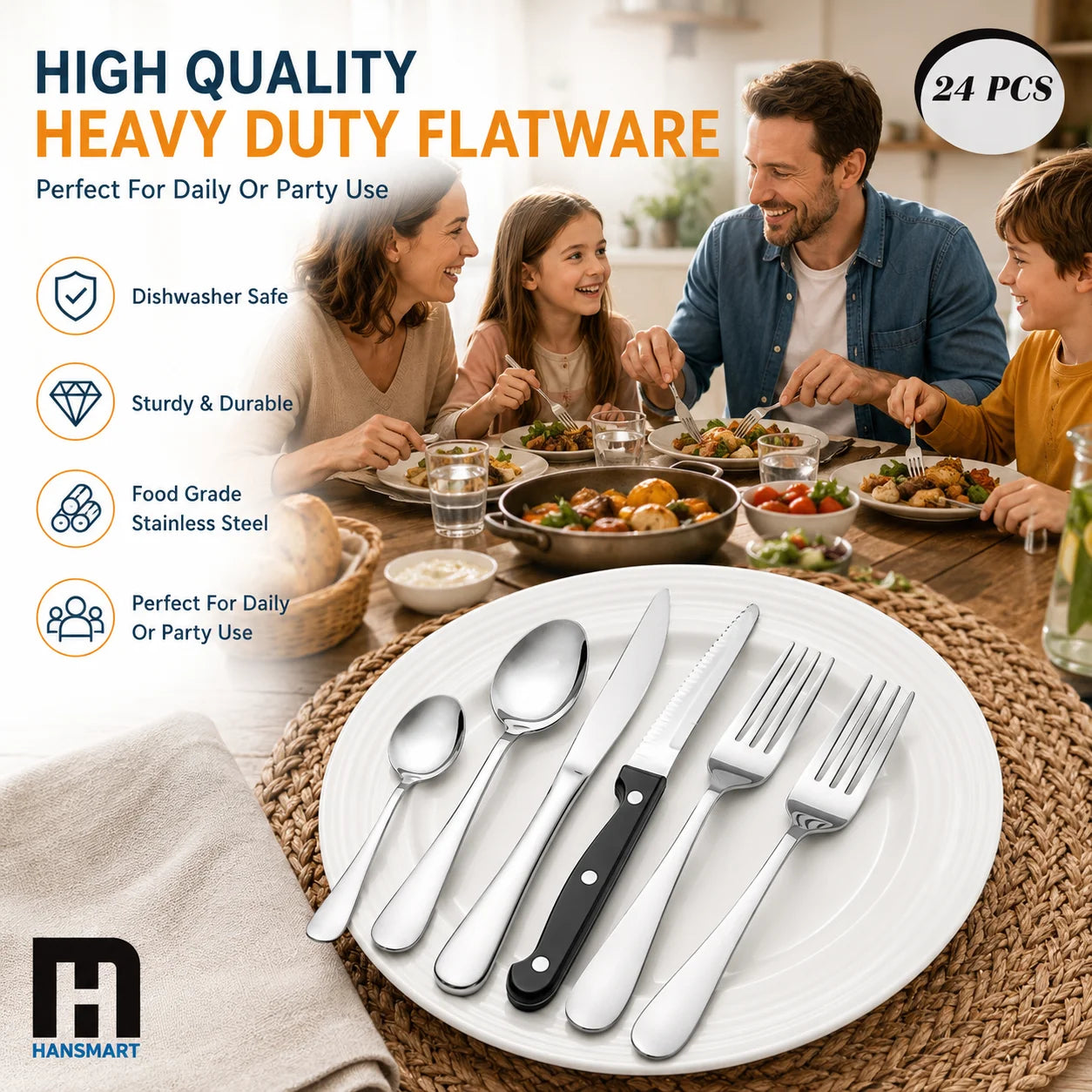 HANSMART 24 Piece Stainless Steel Flatware Set For Four