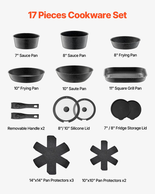 SucceBuy 17 Piece Nonstick Cookware Set For Induction Cooking