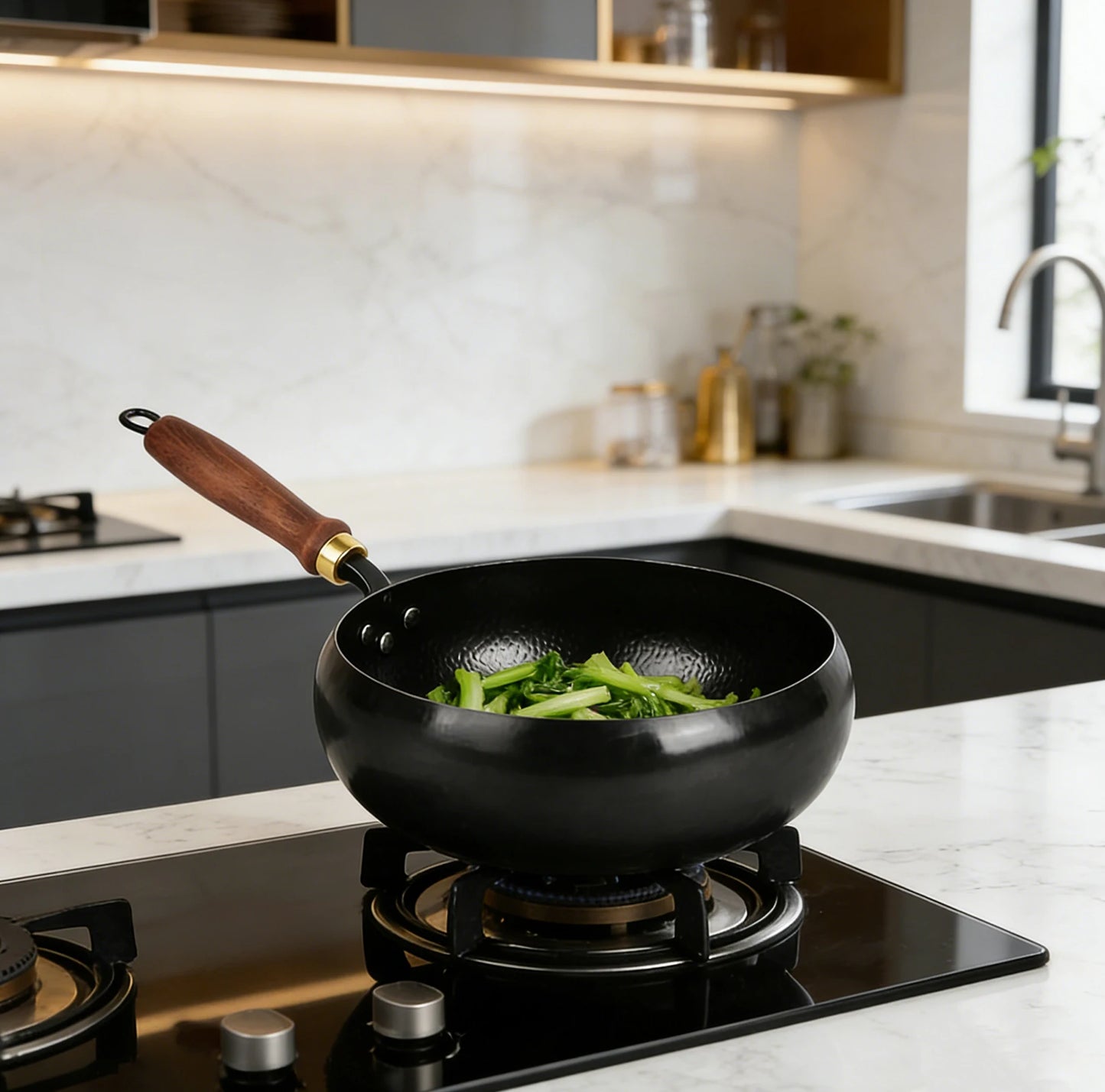 Bymaocar Hand Forged Hammered Wok Preseasoned Nonstick Wood Handle