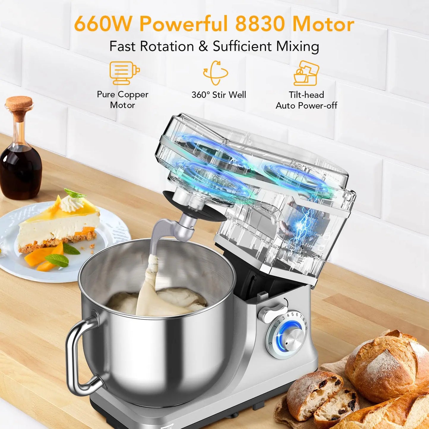 Electric Dough Mixer 660W 10-Speed Tilt-Head With Stainless Steel Bowl