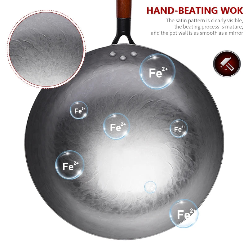 Hand Forged Iron Wok With Wooden Handle For Gas Stove