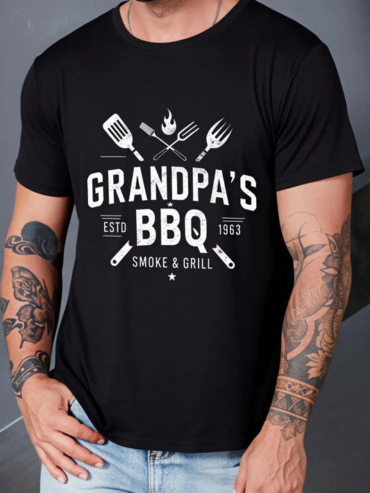 Flame Grandpa S BBQ Men's Casual Crew Neck Short Sleeve T-Shirt Summer Style, Plus Size