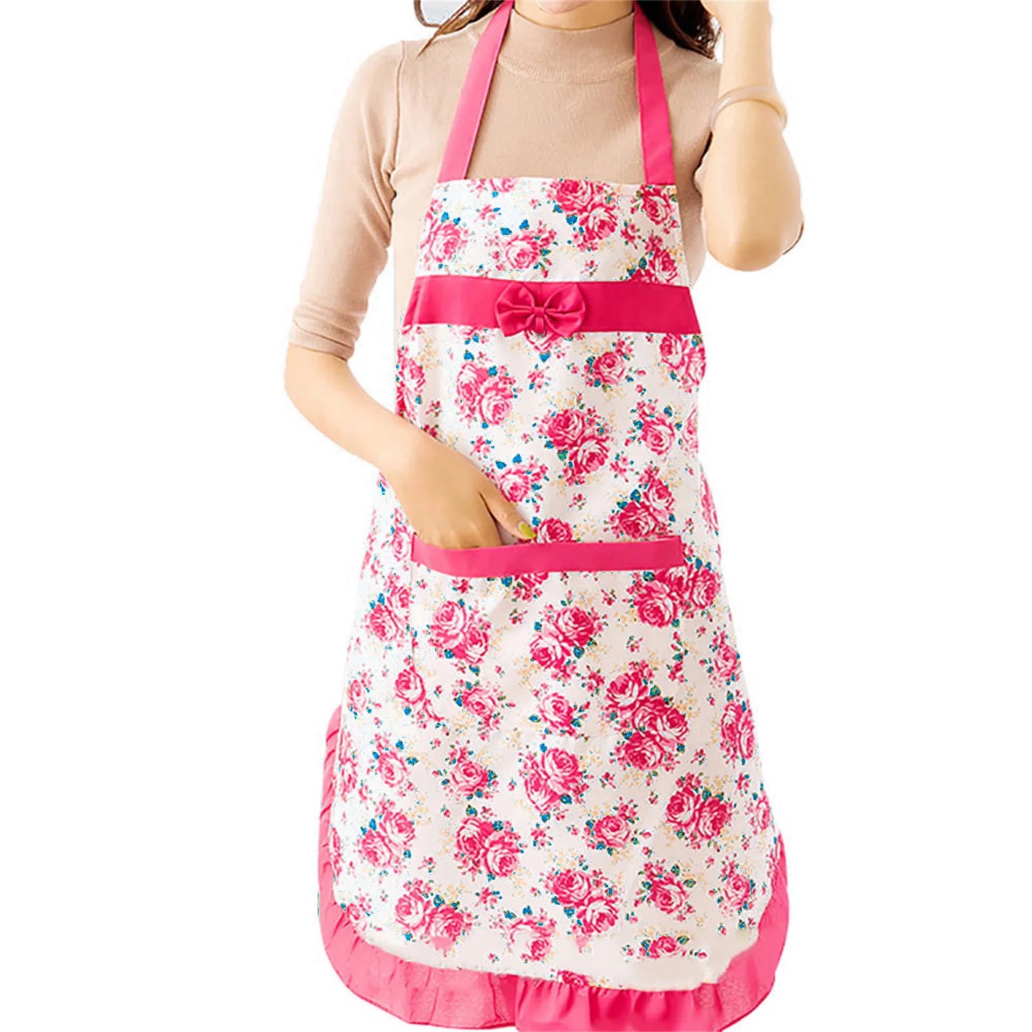 Cotton Canvas Floral Women's Oilproof Apron With Pockets And Belt