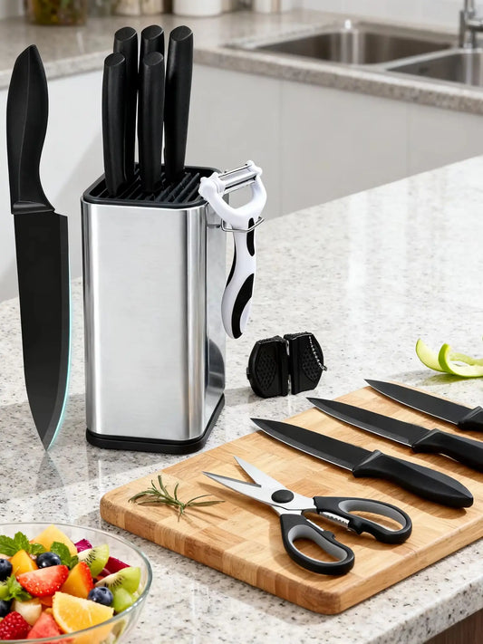 10Pcs Black Coated Kitchen Knife Set with Stainless Steel Universal Knife Block, Sharp Chef Bread Paring Knives + Peeler Scissors Mini Sharpener, Multi-purpose Household Cooking Cutlery Gift Set