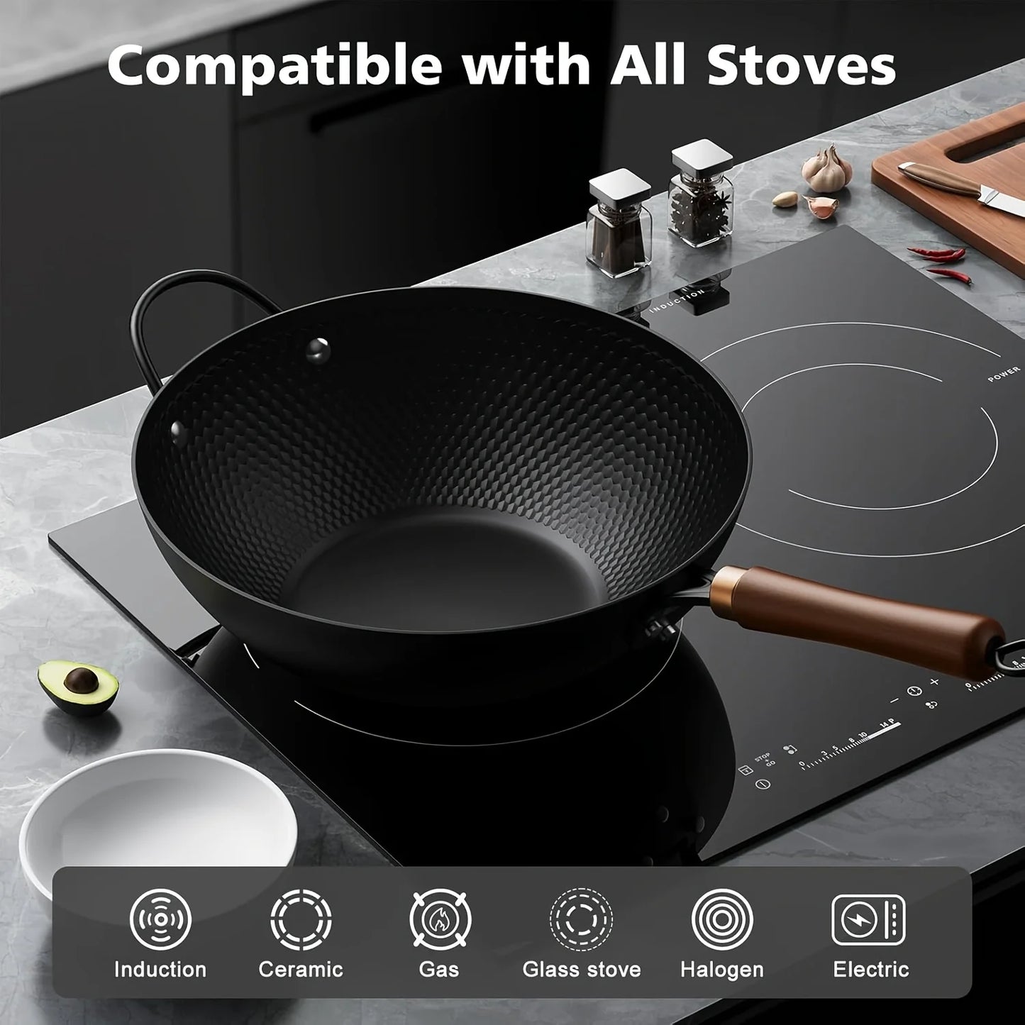 1 Set Cast Iron Wok with Lid- 13.35-Inch Nonstick Frying Pan, Flat Bottom Carbon Steel Cookware Induction Nonstick Wok, Woks & Stir-Fry Pans for Induction, Electric, Gas, Halogen, All Stoves