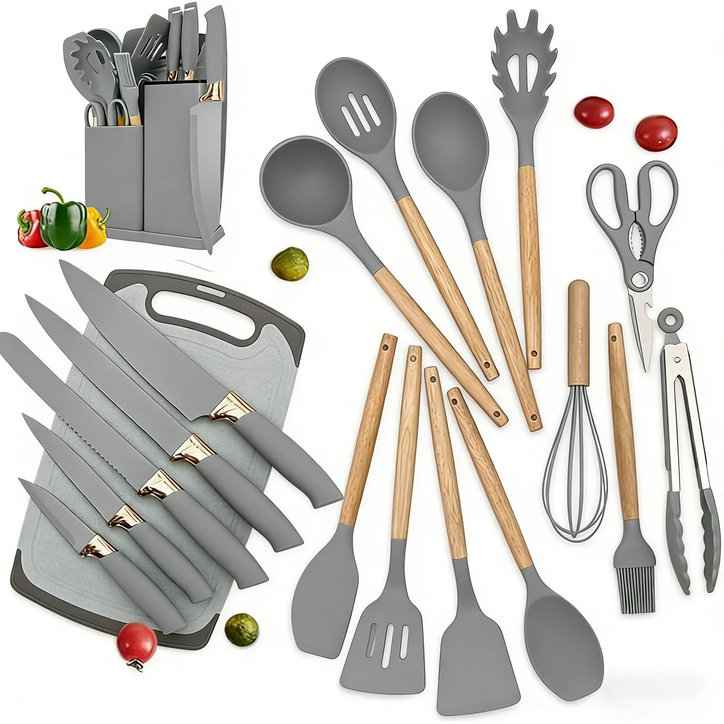 19 In 1 Kitchen Knife And Silicone Utensil Set Heat Resistant Tools