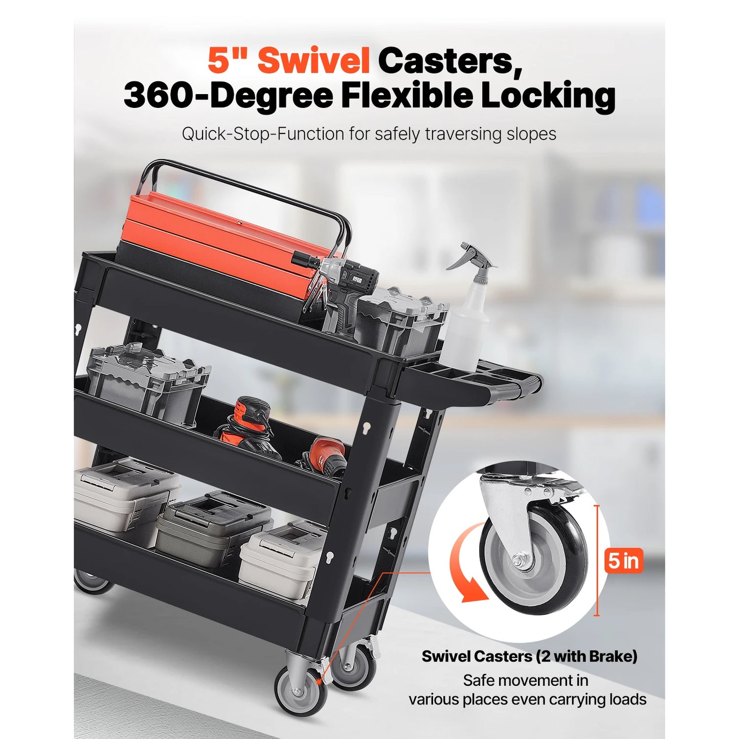SucceBuy 3 Tier Service Cart With 360 Degree Swivel Wheels