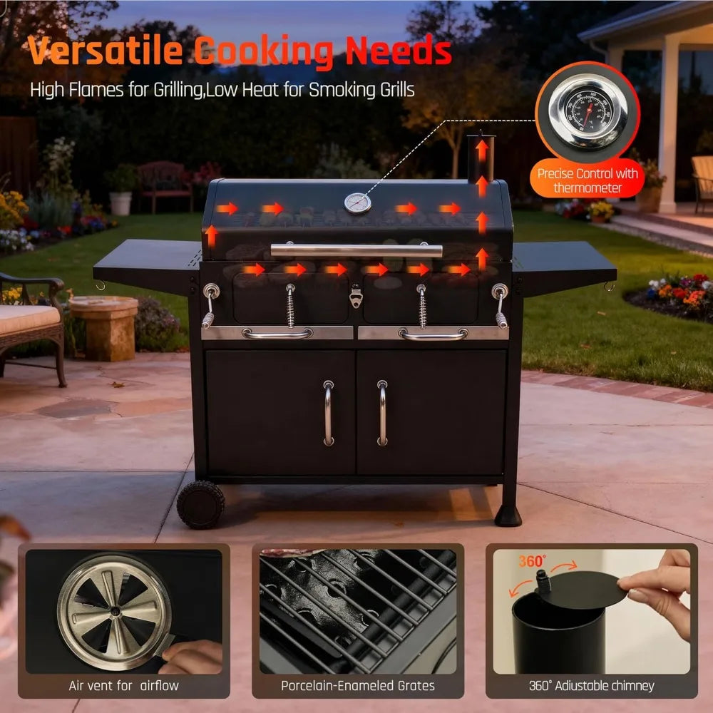 Charcoal Dual-Zone Grill Smoker With Foldable Side Tables
